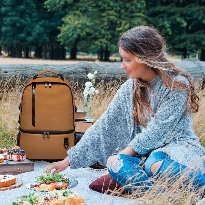 TUGUAN Insulated Cooler Backpack 38/42 Cans Double Deck Leakproof Lightweight Soft Lunch Backpack Small Cooler Bag Beach Picnic, Brown - Image 2