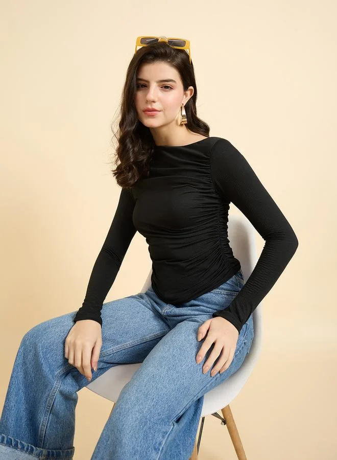 Outzidr  Black Solid Long Sleeves Knit Top for Women | Best Price UAE