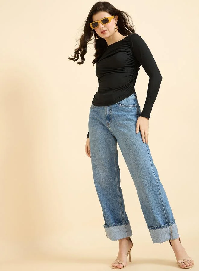 Outzidr  Black Solid Long Sleeves Knit Top for Women | Best Price UAE