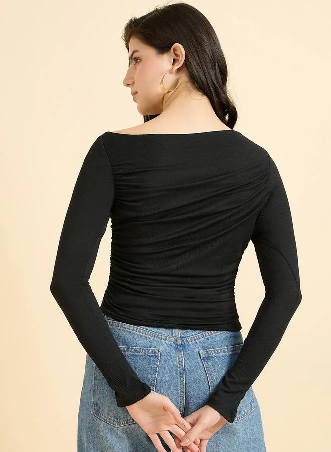 Outzidr  Black Solid Long Sleeves Knit Top for Women | Best Price UAE