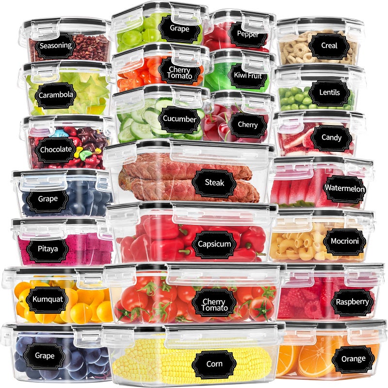 PRAKI 48 Pack Food Storage Containers with Airtight Lids 24 Containers  24 Lids Kitchen storage containers for Pantry Organizers and Storage Meal Prep Container with Labels  Marker