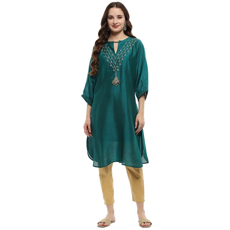 Biba Emerald Green Polyester Straight Kurta - Image 5