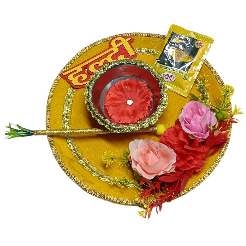 Shree Jagdish Industries Haldi Thali/Mehandi Thali for Round Decorated Wedding Tray for Bride and Groom with 2 Stick and 1 Bowl (Haldi Platter/Haldi thali) - Image 4