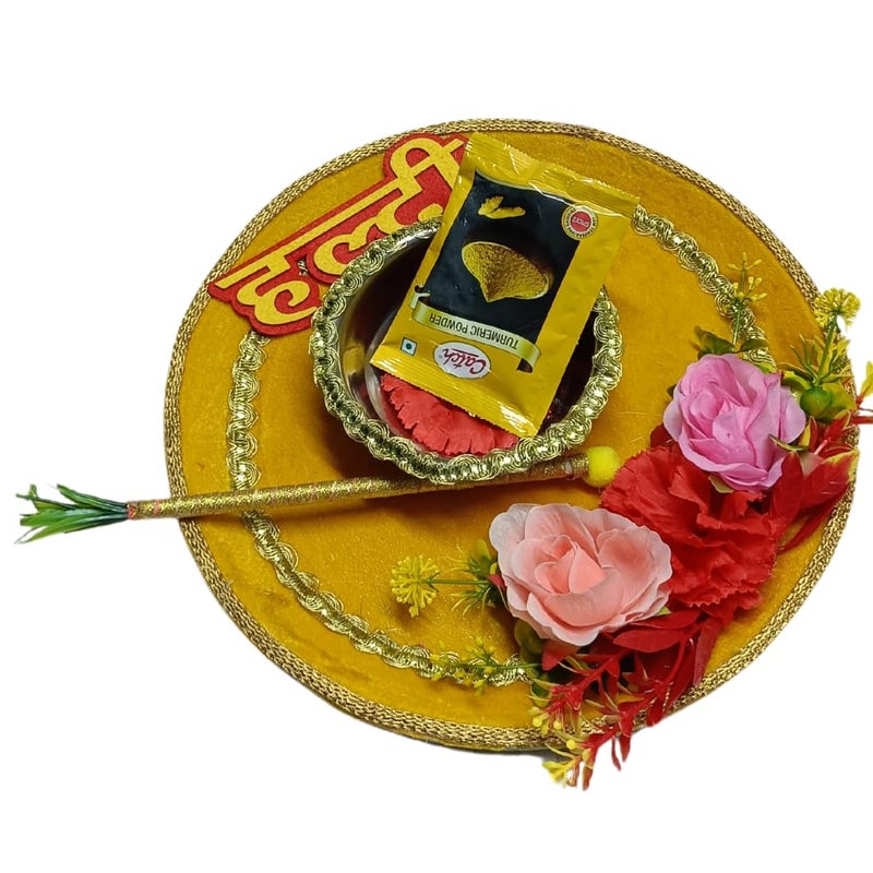 Shree Jagdish Industries Haldi Thali/Mehandi Thali for Round Decorated Wedding Tray for Bride and Groom with 2 Stick and 1 Bowl (Haldi Platter/Haldi thali) - Image 3