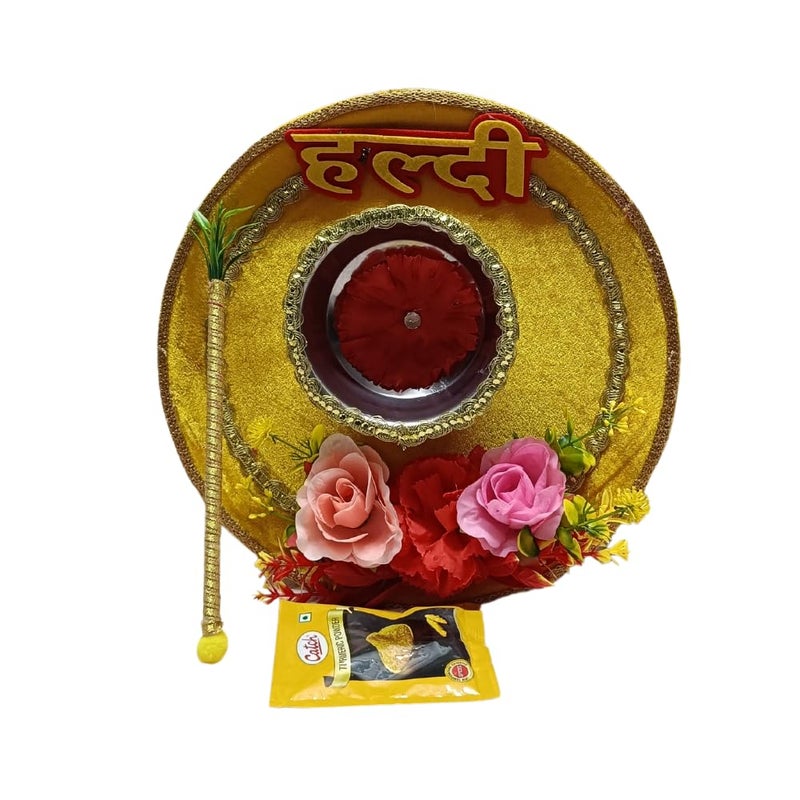 Shree Jagdish Industries Haldi Thali/Mehandi Thali for Round Decorated Wedding Tray for Bride and Groom with 2 Stick and 1 Bowl (Haldi Platter/Haldi thali) - Image 2