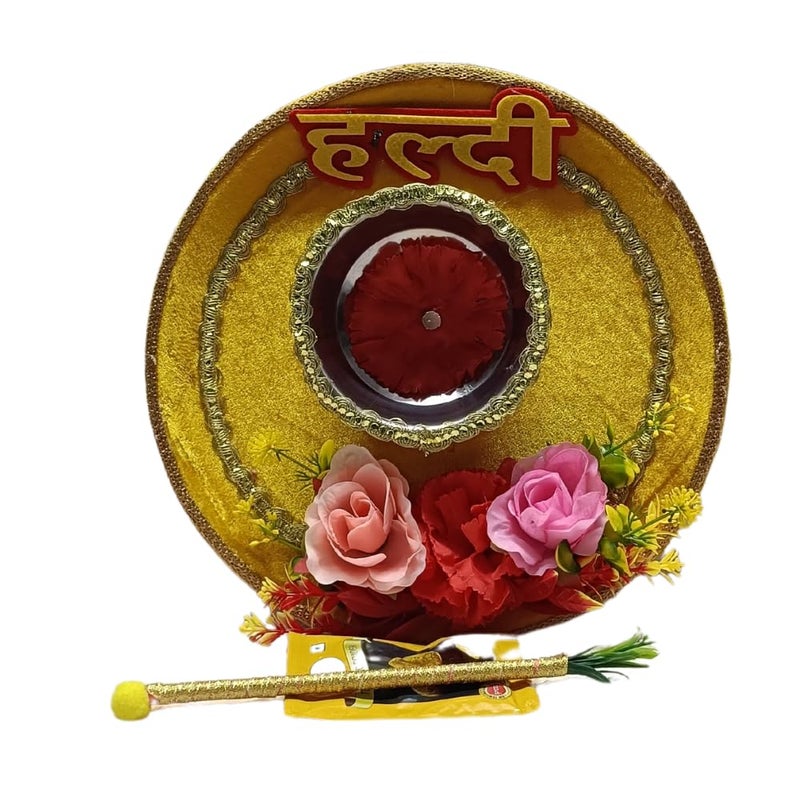 Shree Jagdish Industries Haldi Thali/Mehandi Thali for Round Decorated Wedding Tray for Bride and Groom with 2 Stick and 1 Bowl (Haldi Platter/Haldi thali) - Image 1