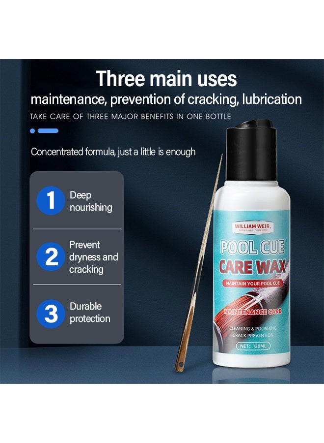 ويليام وير شمع العناية بعصا البلياردو، شمع عمود العصا، شمع عمود ناعم للبلياردو، ملحقات التلميع لحماية عمود عصا البلياردو الخشبي120 مل - Image 3