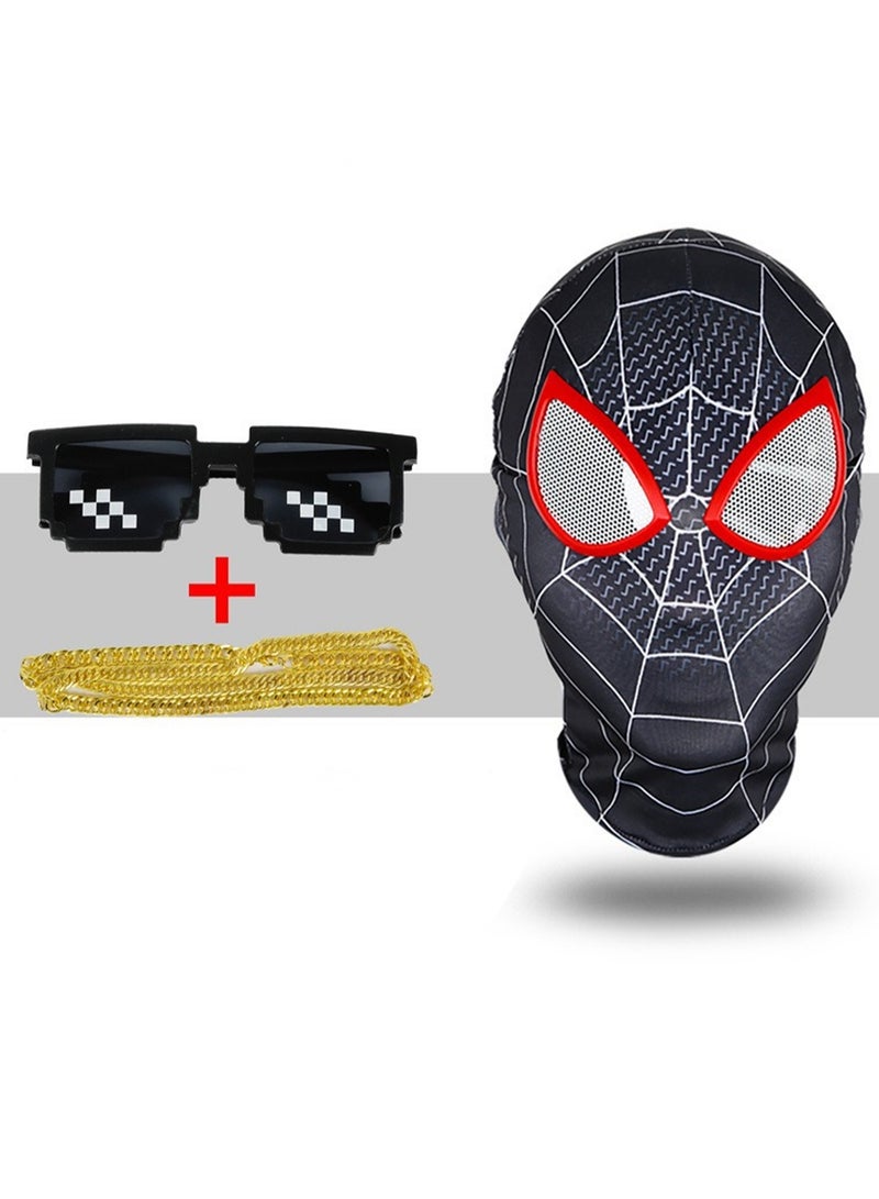 Spiderman Mask Headdress Lycra Full Face Mask Movie Role-Playing Costume Props Accessories Children'S Toys (Spiderman Headgear Black + Necklace + Sunglasses)