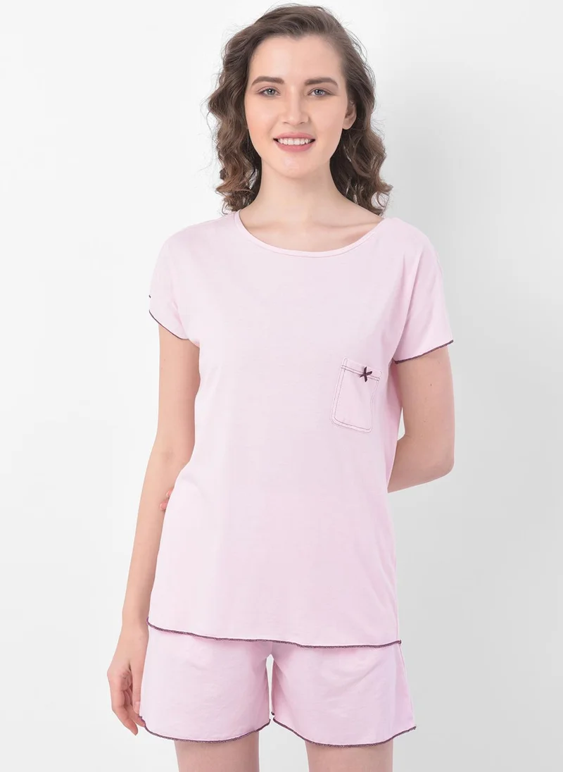 كلوفيا Clovia Chic Basic Top & Shorts Set in Baby Pink - 100% Cotton
