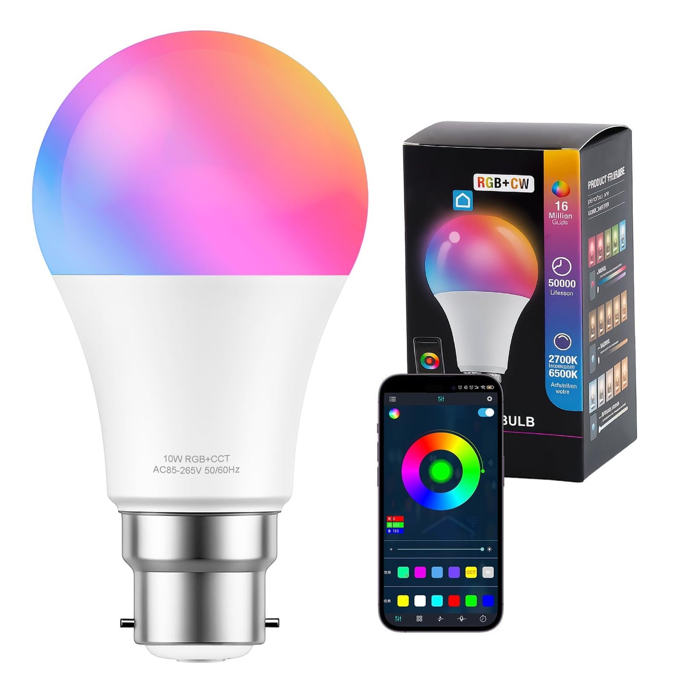 Smart Bulb B22 Light Bulbs, 10W 806LM LED WiFi Bulb, 2700K-6500K RGB Dimmable Colour Changing, App or Voice Control, Compatible with Alexa, Google Home, No Hub Required