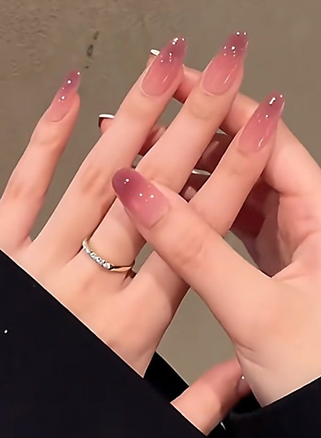 NIBEMINENT 30 قطعة أظافر صناعية، أظافر صناعية في علبة، أظافر صناعية متوسطة الطول على شكل لوز بلون بني محمر متدرج لامع، رقعة أظافر صناعية - Image 1