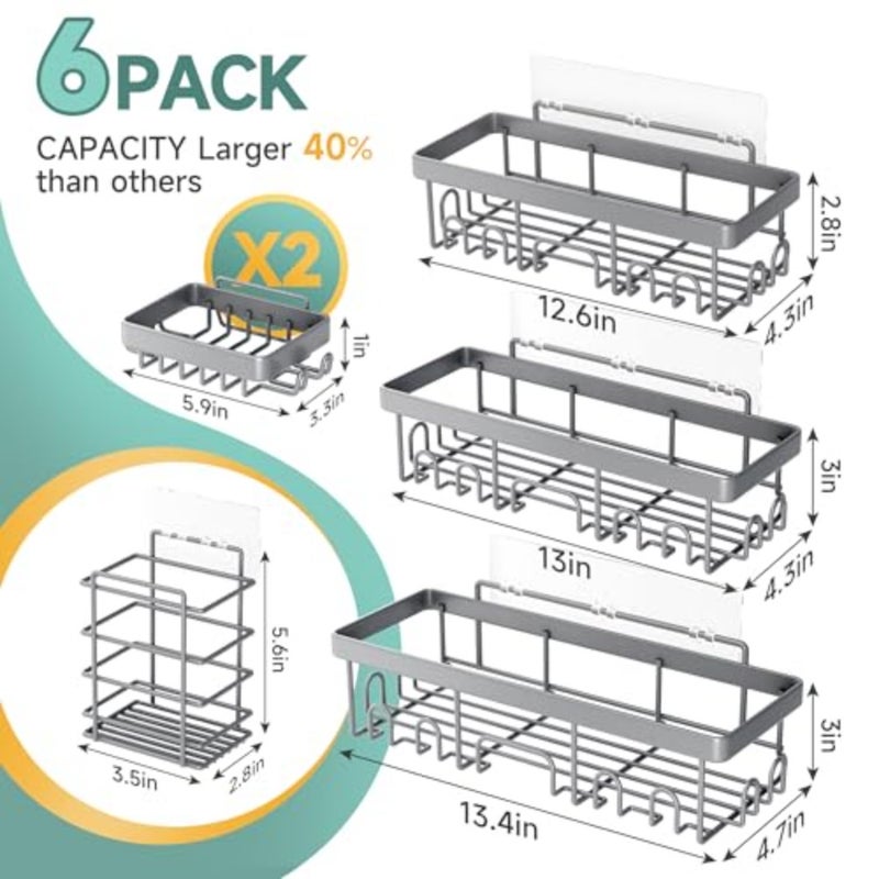 6-Pack Rustproof and Waterproof Shower Caddy, Adhesive Shelves Rack, Large Capacity Bathroom, College Dorm and Apartment Organizers, No-Drill Wall Mount Living Room and Bedroom Decor, Light Grey - Image 5