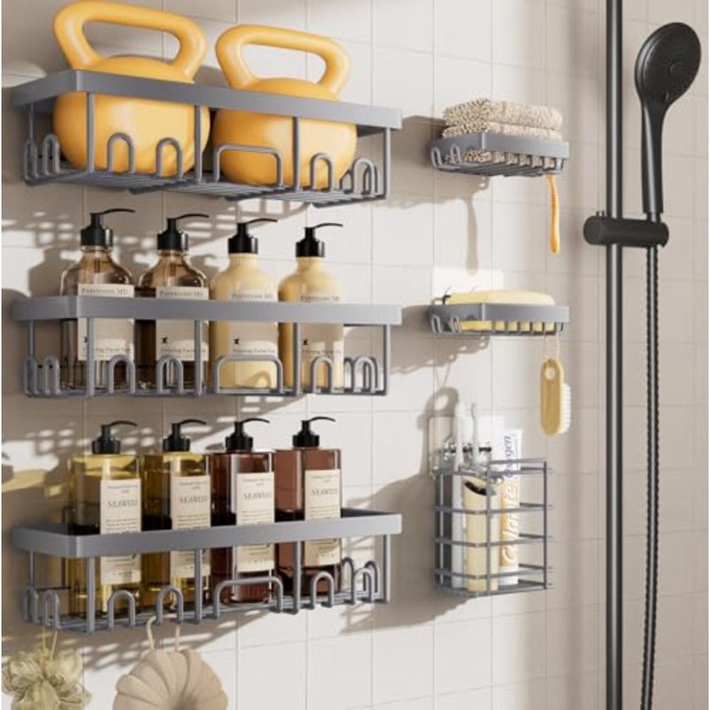 6-Pack Rustproof and Waterproof Shower Caddy, Adhesive Shelves Rack, Large Capacity Bathroom, College Dorm and Apartment Organizers, No-Drill Wall Mount Living Room and Bedroom Decor, Light Grey - Image 1