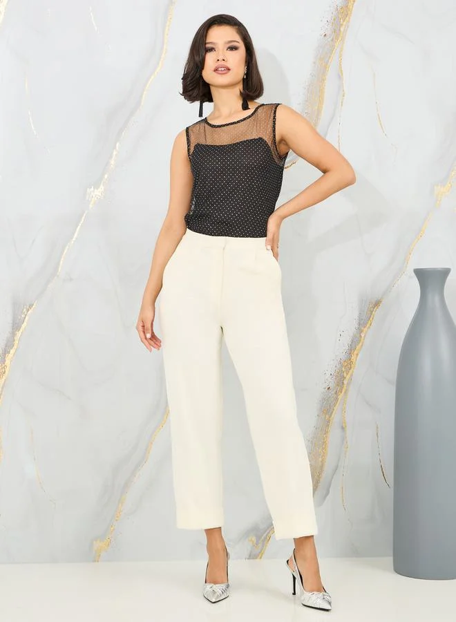 Styli Embellished Mesh Insert Sleeveless Blouse