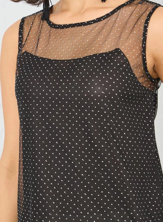 Styli Embellished Mesh Insert Sleeveless Blouse