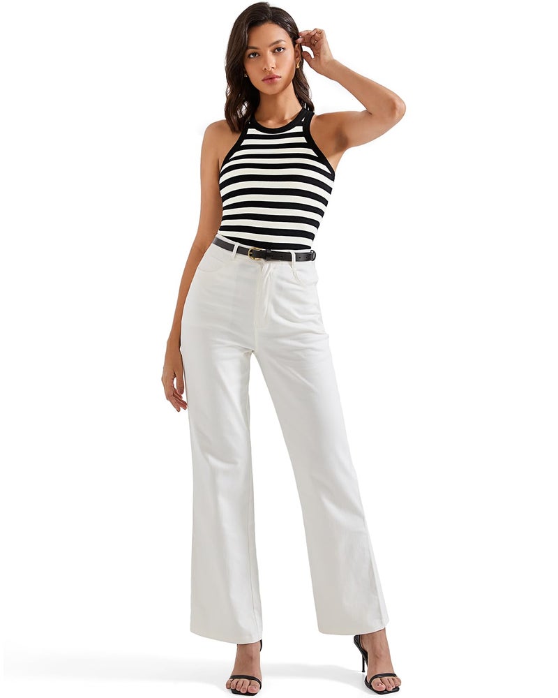 SUUKSESS Women Padded Cotton Ribbed Tank Tops 2025 Sleeveless High Neck Racerback Basic Tops(Black White Stripe, XS) - Image 2