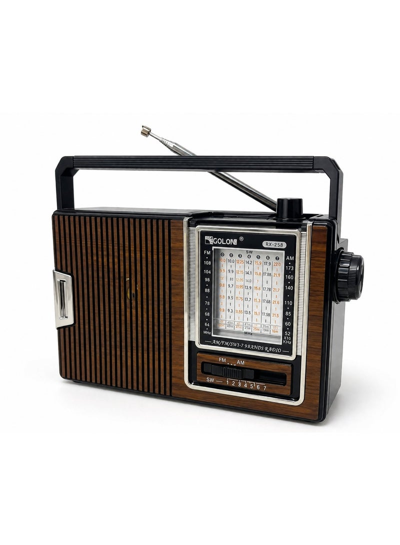 Golon RX-258 Portable Vintage Radio Speaker – FM/AM/SW1–7 9-Band Radio, Powerful 3-Inch Speaker with Stereo Sound, High-Sensitivity Reception, 360° Telescopic Antenna, Solar & Rechargeable Battery Support, Headphone Jack, AC/DC Dual Power Supply, Compact Retro Design, Ideal for Home, Camping, Travel & Emergency Use – Multicolour - Image 1
