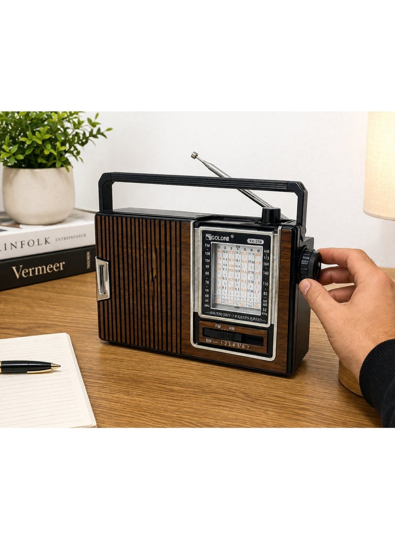 Golon RX-258 Portable Vintage Radio Speaker – FM/AM/SW1–7 9-Band Radio, Powerful 3-Inch Speaker with Stereo Sound, High-Sensitivity Reception, 360° Telescopic Antenna, Solar & Rechargeable Battery Support, Headphone Jack, AC/DC Dual Power Supply, Compact Retro Design, Ideal for Home, Camping, Travel & Emergency Use – Multicolour - Image 3