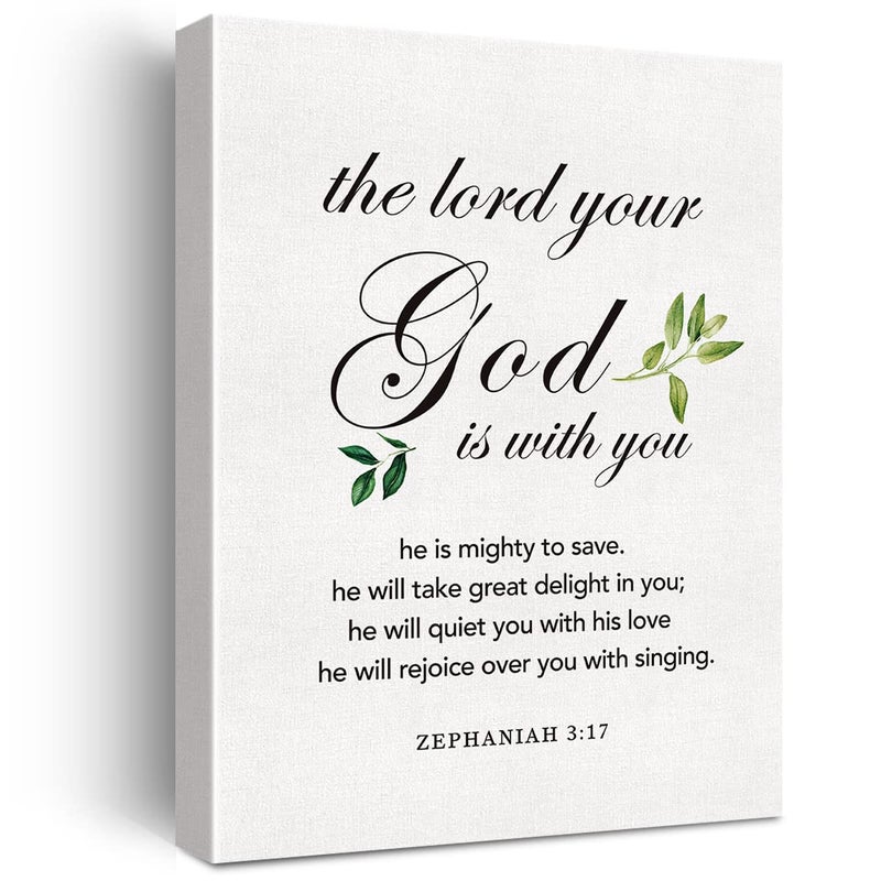 Christian Canvas Wall Art Motivational the Lord Your God Zephaniah 317 Canvas Print Scripture Bible Verse Painting Home Wall Decor Framed Nursery Gift 12x15 Inch