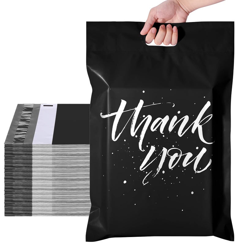 Metronic Thank You Poly Mailers 14.5x19 50 Pcs, Easy to Carry Shipping Bags with Handle, Self Seal Mailers Poly Bags for Small Business Packing and Shipping, Large Package Bags Mailing Bags, Black - Image 1