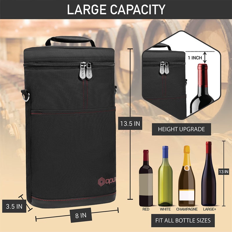OPUX 2 Bottle Wine Carrier Tote, Insulated Leakproof Wine Cooler Bag, Wine Travel Bag Tote for Picnic BYOB Beach, Portable Wine Bottle Carrying Case, Gift for Wine Lover Women Men Christmas, Black - Image 3