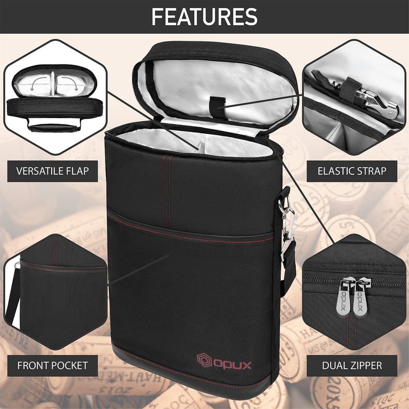 OPUX 2 Bottle Wine Carrier Tote, Insulated Leakproof Wine Cooler Bag, Wine Travel Bag Tote for Picnic BYOB Beach, Portable Wine Bottle Carrying Case, Gift for Wine Lover Women Men Christmas, Black - Image 4