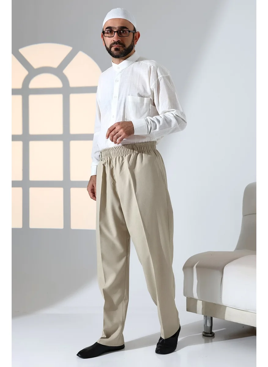 İhvan Online Men's Casual Cut Elastic Waist Pocket Hajj and Umrah Fabric Shalwar Trousers - Cream Color (Isr)