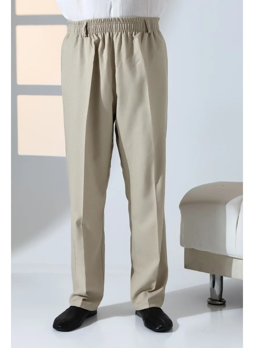 İhvan Online Men's Casual Cut Elastic Waist Pocket Hajj and Umrah Fabric Shalwar Trousers - Cream Color (Isr)