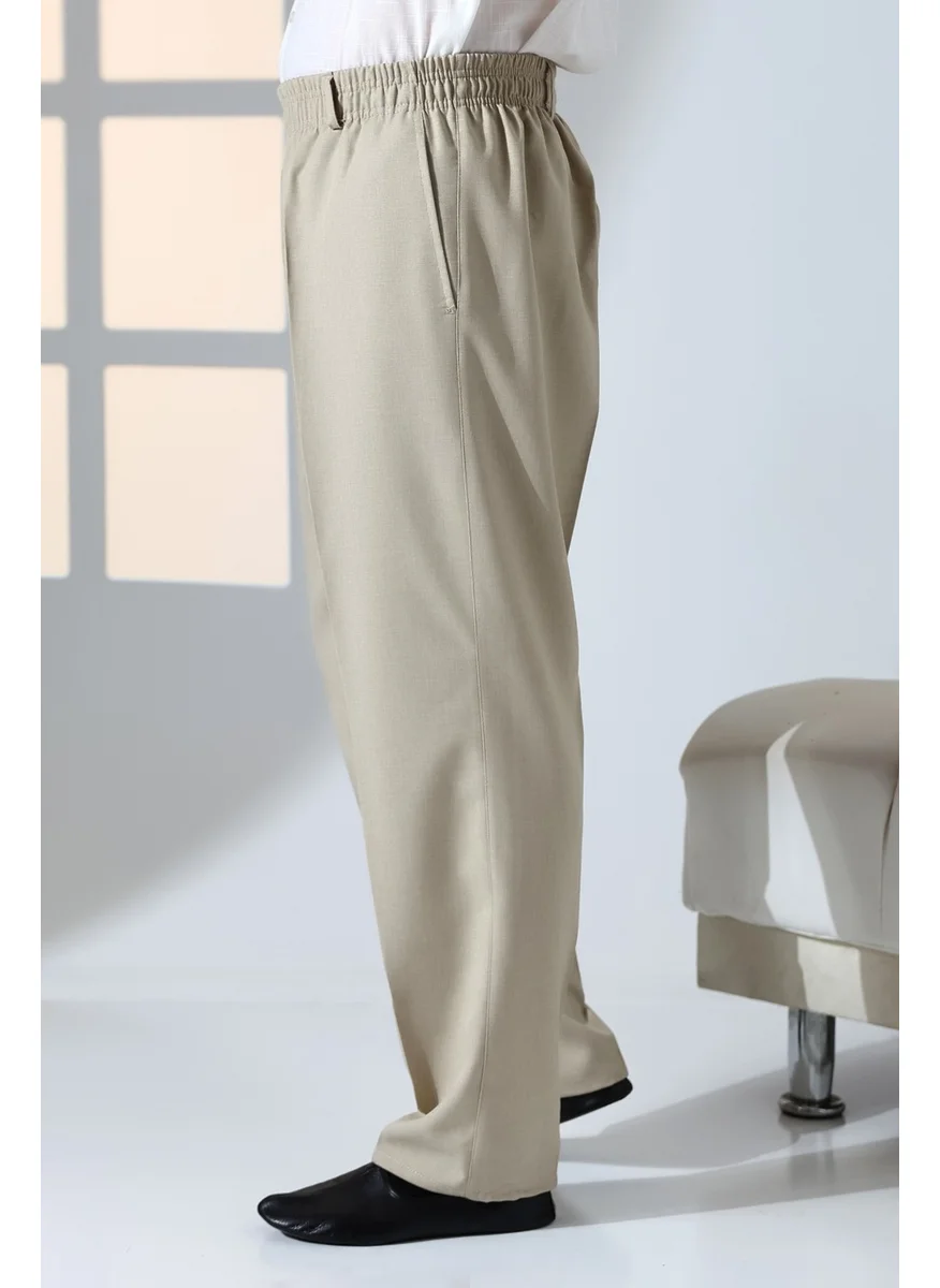 İhvan Online Men's Casual Cut Elastic Waist Pocket Hajj and Umrah Fabric Shalwar Trousers - Cream Color (Isr)