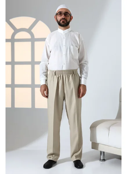 İhvan Online Men's Casual Cut Elastic Waist Pocket Hajj and Umrah Fabric Shalwar Trousers - Cream Color (Isr)