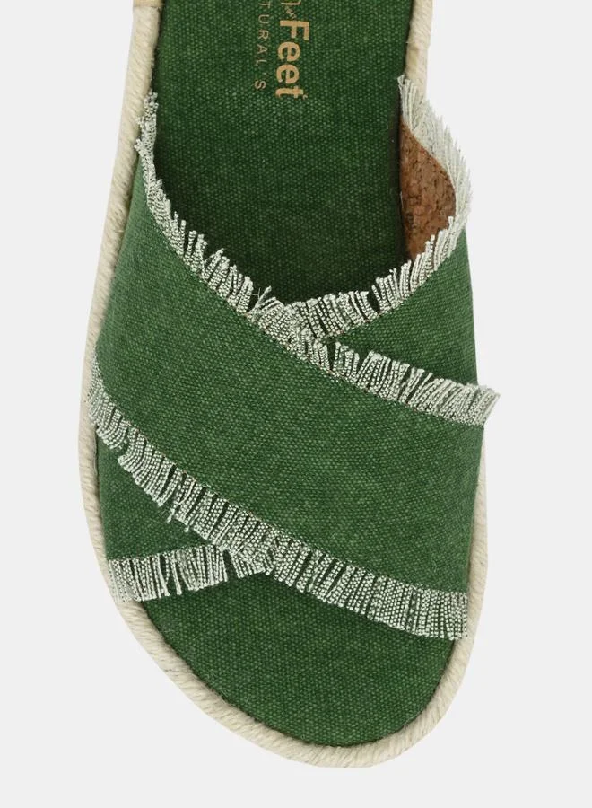 Fresh Feet Frayed Trim Cross Strap Flat Sandal by Styli
