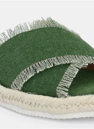 Frayed Trim Cross Strap Flat Sandal