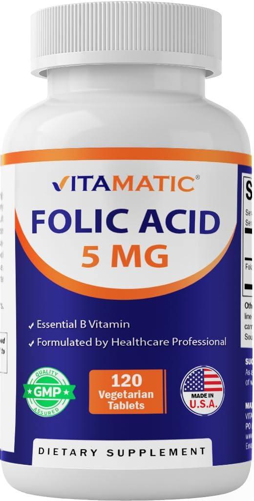 Vitamatic فيتامينات فوليك أسيد 5 ملغ 5000 ميكروغرام 120 قرص نباتي عالي الفعالية فيتامين ب9 فولات لصحة الخلايا دعم القلب رعاية ما قبل الولادة - Image 1