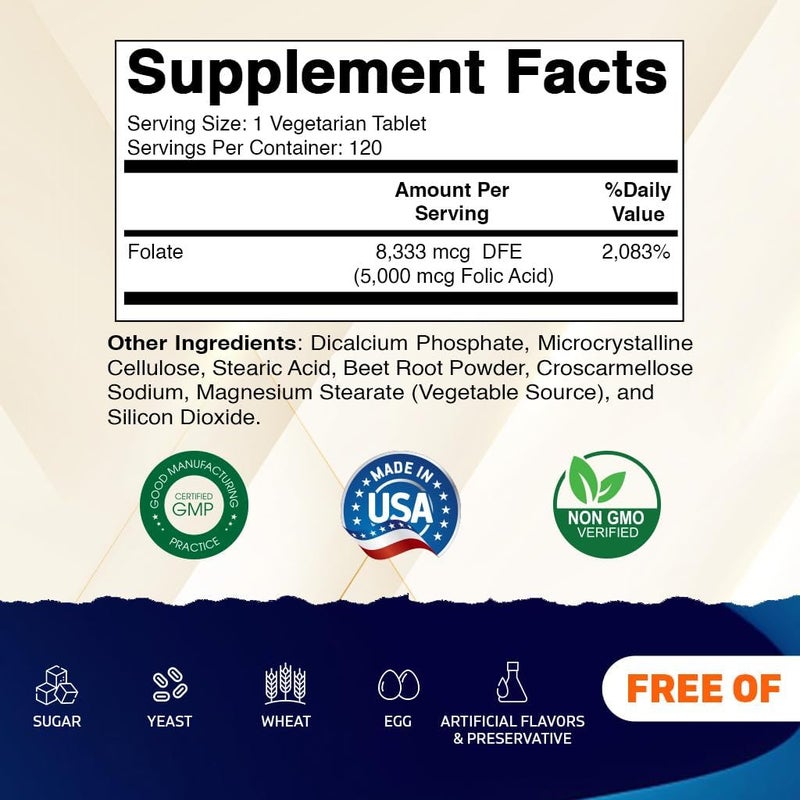 Vitamatic فيتامينات فوليك أسيد 5 ملغ 5000 ميكروغرام 120 قرص نباتي عالي الفعالية فيتامين ب9 فولات لصحة الخلايا دعم القلب رعاية ما قبل الولادة - Image 2