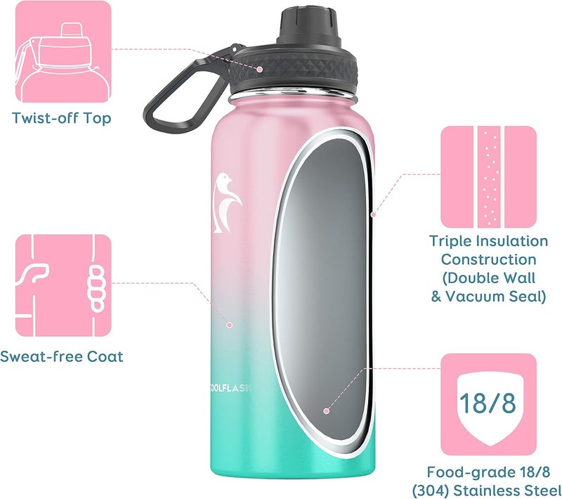 Insulated Water Bottle 1L, Stainless Steel Insulated Water Bottle with Straw & 3 Lids, Double Vacuum Leak Proof Cold and Hot Water Bottle, Sturdiness and Easy to Clean, Bubble Gum - Image 2