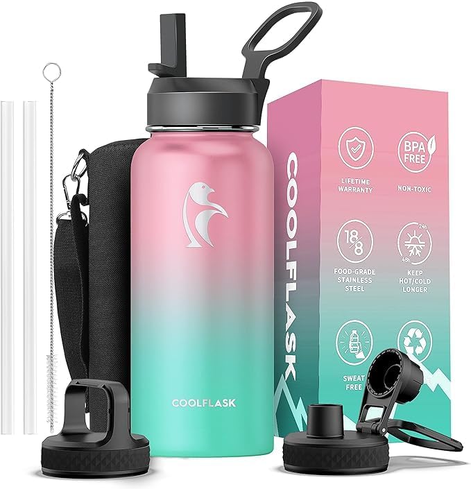 Insulated Water Bottle 1L, Stainless Steel Insulated Water Bottle with Straw & 3 Lids, Double Vacuum Leak Proof Cold and Hot Water Bottle, Sturdiness and Easy to Clean, Bubble Gum - Image 1