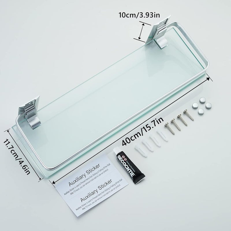 AIJALY 3 Pack Bathroom Glass Shelf,Aluminum Tempered Glass 0.34in Extra Thick Rectangular 1 Tier Storage Organizer Wall Mount,Silver 15.7in - Image 3
