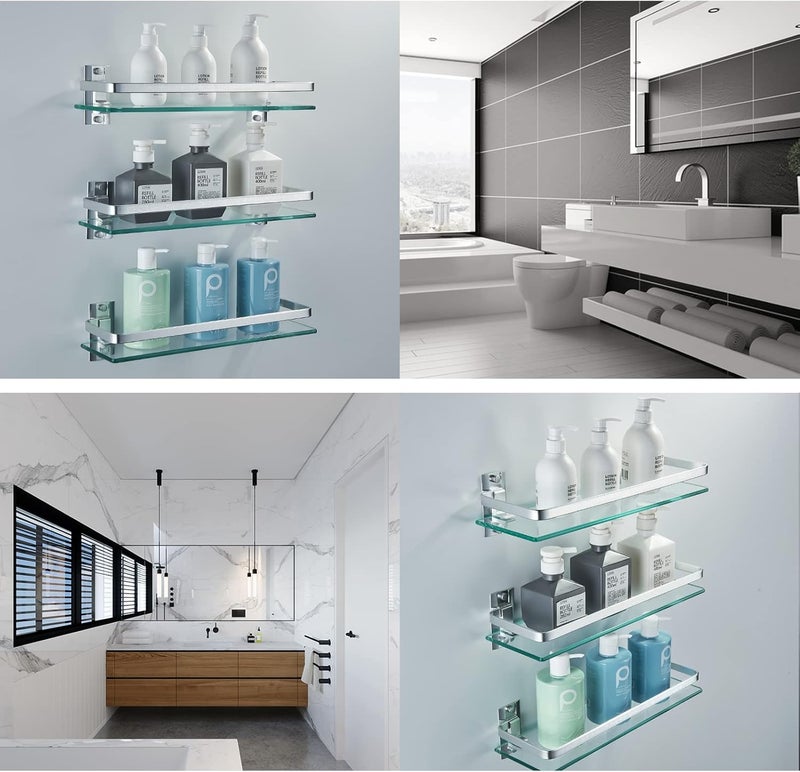 AIJALY 3 Pack Bathroom Glass Shelf,Aluminum Tempered Glass 0.34in Extra Thick Rectangular 1 Tier Storage Organizer Wall Mount,Silver 15.7in - Image 5