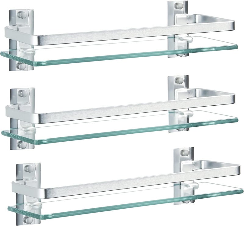 AIJALY 3 Pack Bathroom Glass Shelf,Aluminum Tempered Glass 0.34in Extra Thick Rectangular 1 Tier Storage Organizer Wall Mount,Silver 15.7in - Image 1