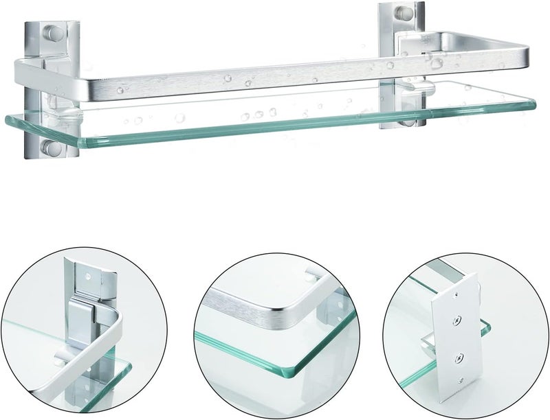AIJALY 3 Pack Bathroom Glass Shelf,Aluminum Tempered Glass 0.34in Extra Thick Rectangular 1 Tier Storage Organizer Wall Mount,Silver 15.7in - Image 4