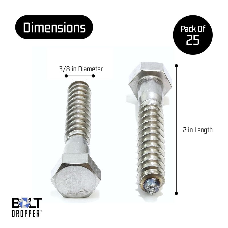Bolt Dropper 3/8" x 2" Hex Head Lag, (25 Pack), 304 (18-8) Stainless Steel Coach Bolts/Large Screws for Wood with Plain Finish - Image 3