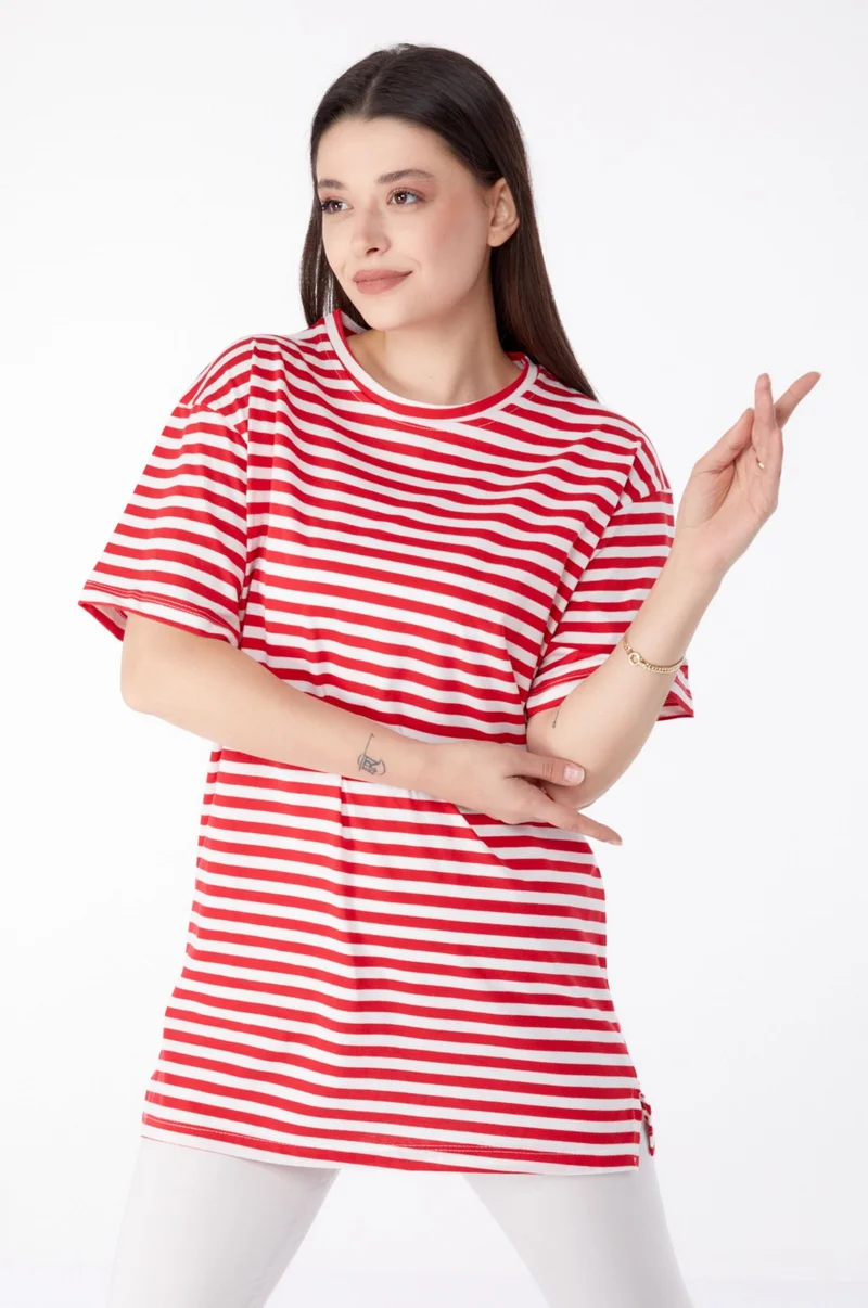 Tofisa Plain Crew Neck Women's Red Striped T-Shirt - 25306