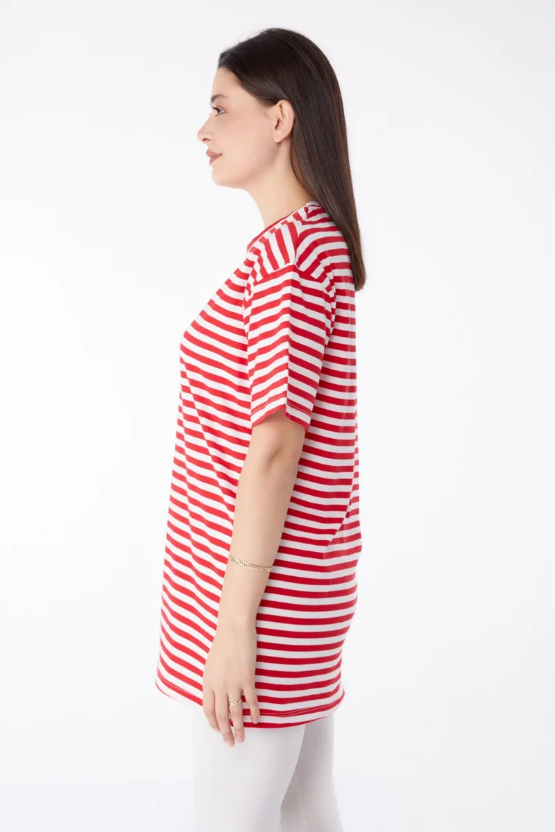 Tofisa Plain Crew Neck Women's Red Striped T-Shirt - 25306