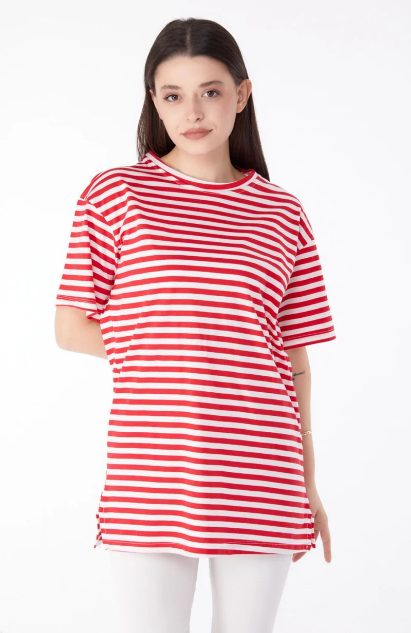 Tofisa Plain Crew Neck Women's Red Striped T-Shirt - 25306