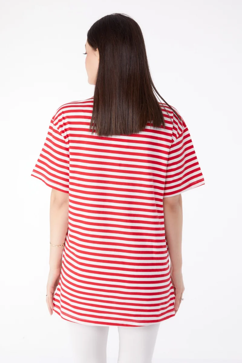 Tofisa Plain Crew Neck Women's Red Striped T-Shirt - 25306