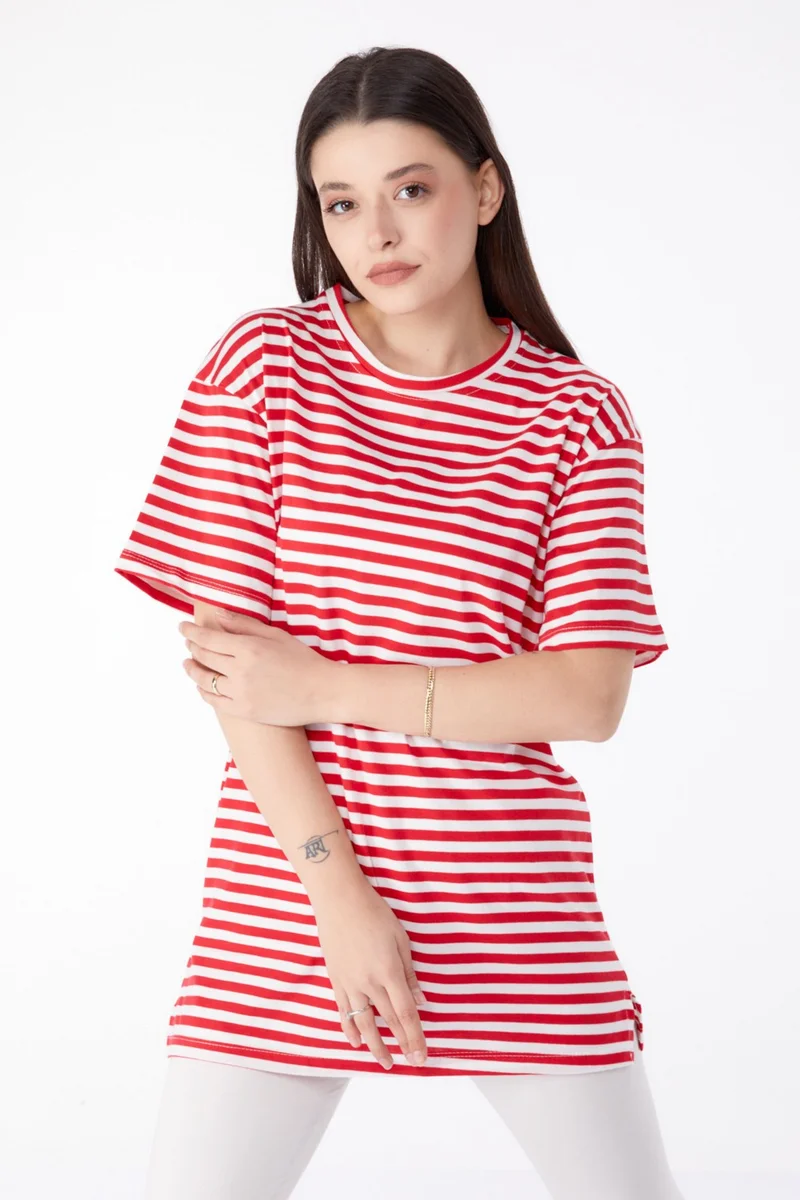 Tofisa Plain Crew Neck Women's Red Striped T-Shirt - 25306