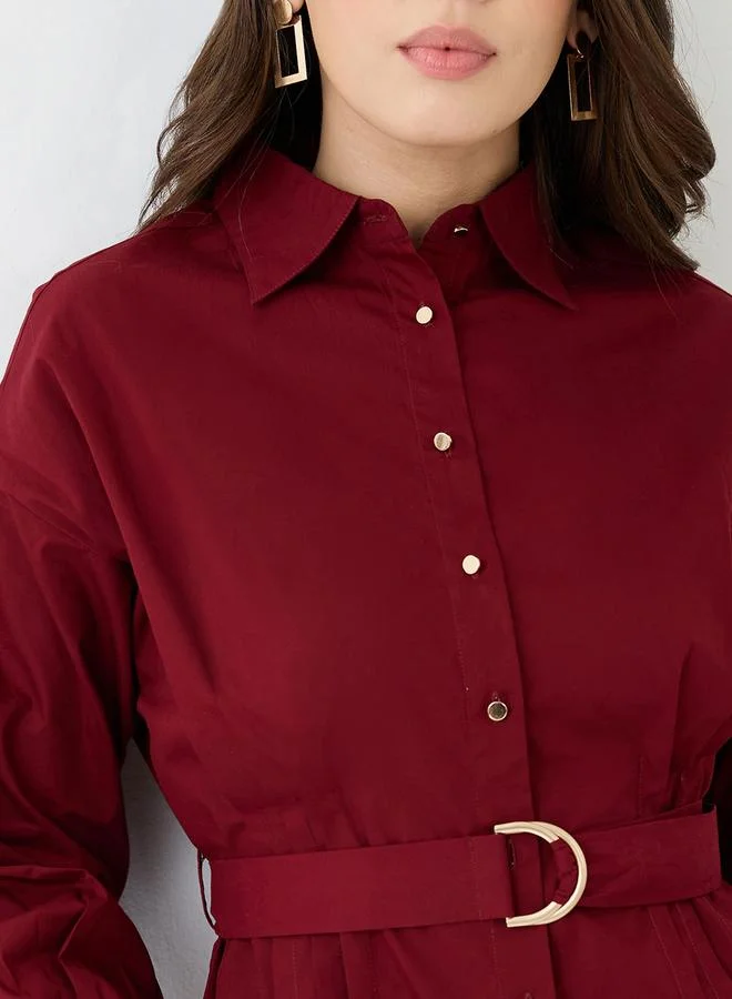 globus Maroon Collared Neck Pleated Mini Dress with Belt