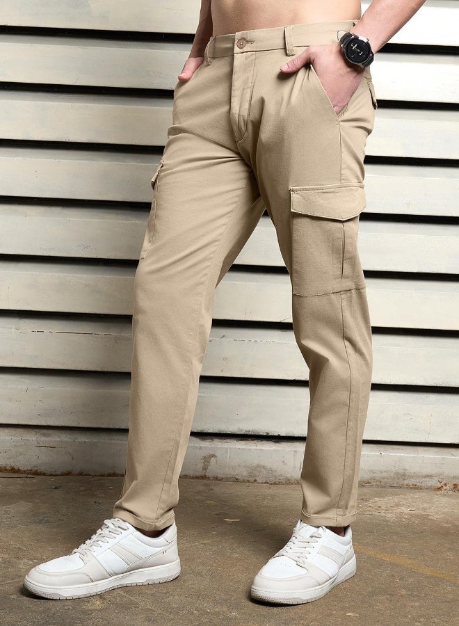 HIGH STAR Men's Taupe Cotton Blend Solid Pattern Full Length Cargo Slim Fit Trouser - Image 1