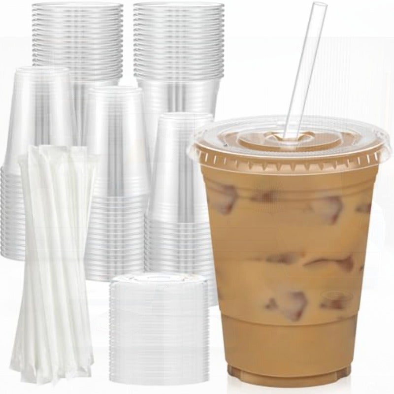 100 Pack - 16 oz Clear Plastic Cups with Lids and Straws Sturdy and Food Safe Iced Coffee Cups with lids Disposable Plastic Smoothie Cups for Cold Drinks - Image 1