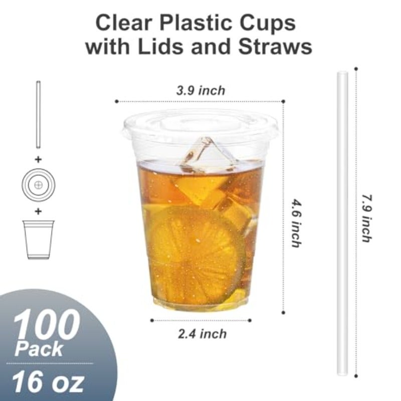 100 Pack - 16 oz Clear Plastic Cups with Lids and Straws Sturdy and Food Safe Iced Coffee Cups with lids Disposable Plastic Smoothie Cups for Cold Drinks - Image 2